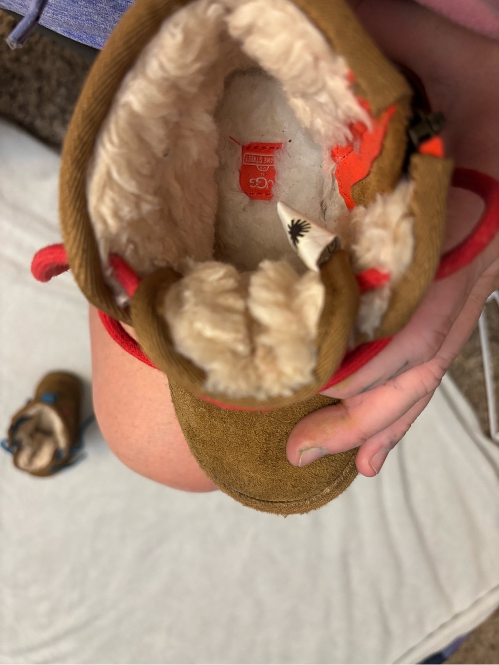 UGG Kids Brown Suede Boots with Red and Blue Laces - Picture 7 of 9